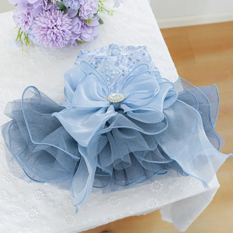 Pet Dog Cat Universal Clothing Fluffy Gauze Blue Galaxy Wedding Dress Take Photos and Dress Up for Weddings Festivals Gatherings