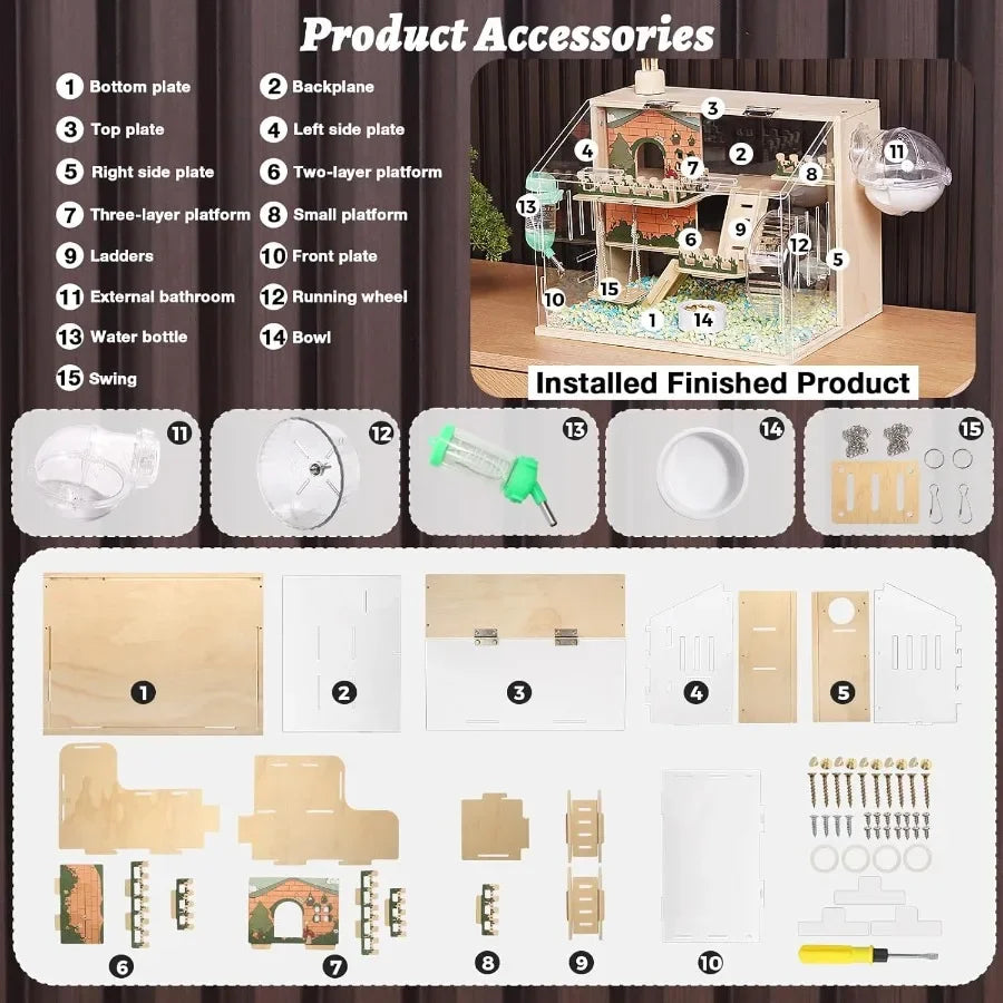 NONECN Hamster Cage Wooden Three Layer Pastoral Style