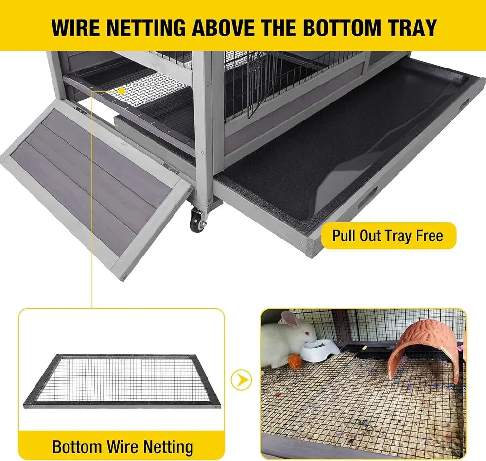Rabbit Hutch With Pull-Out Tray And Wire-Netting On Wheels