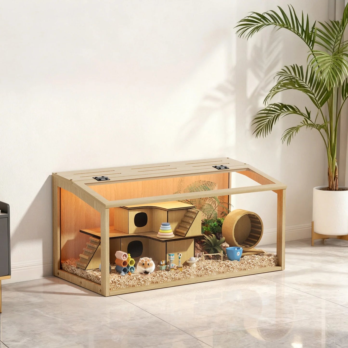 Hamster Cage Chew-Proof Wooden Habitat With Tempered Glass Panels