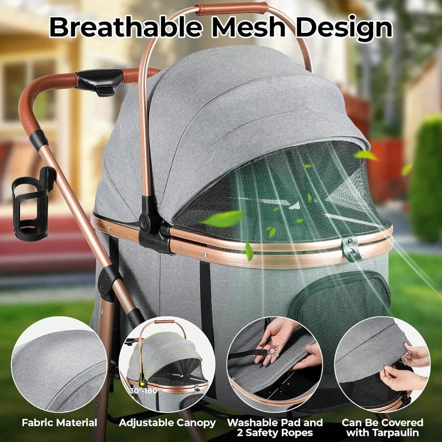 XMSJ Foldable Pet Stroller 4-Wheel, One-Click Folding, Detachable Carrier