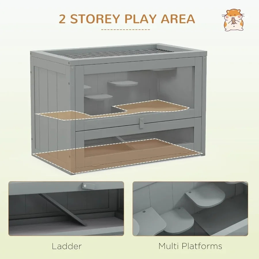 Hamster Cage 2-Level Fir Wood Open-Top Front Door Habitat