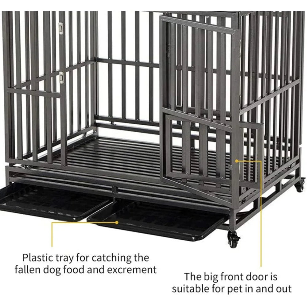 Heavy Duty Dog Cage Metal Kennel With Four Wheeled Mobility