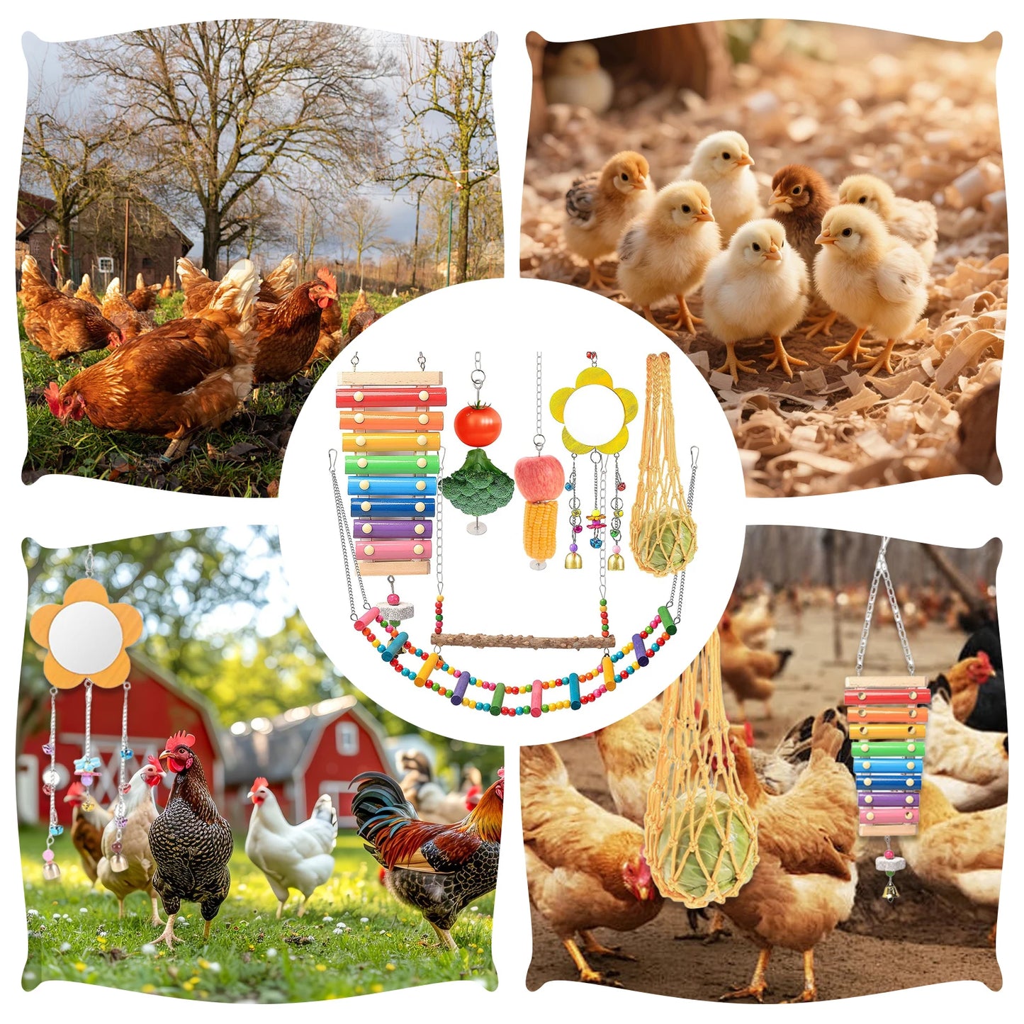7PCS Chicken Toy Set with Wooden Hanging Feeder Chewing Training Toy Parrot Playing Training Toys Rooster Hen Chick Toys