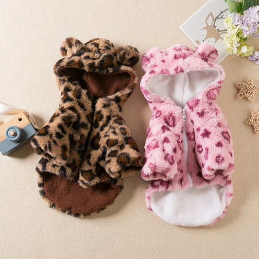 Dog Hoodie Leopard Print Fleece Winter Coat