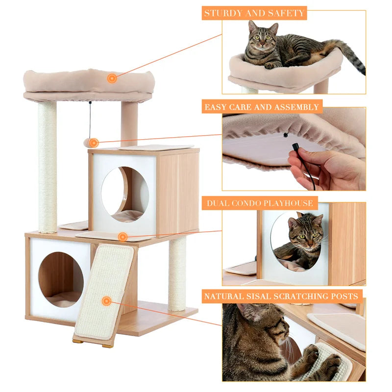 PAWZ Road Cat Tree with Double Condos and Scratching Board